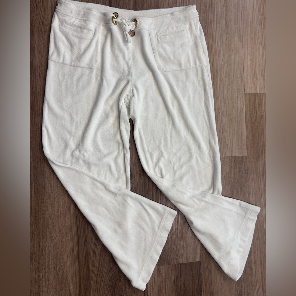 Tory Burch Wide Leg Terry Cloth Casual Pant White Large Drawstring Cotton Beach